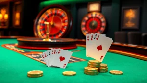 Cảnh casino hấp dẫn với các chip poker LUCK8 và các quân bài chiến thắng tại bàn blackjack.