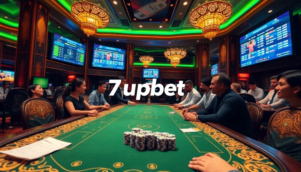Engage with the thrilling 7upbet betting scene featuring players at the sbobet table, poker chips, and betting slips.