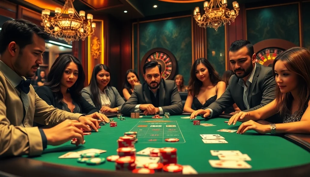 Players strategizing over chips and cards at a thrilling ev88d poker table in a luxurious casino setting.