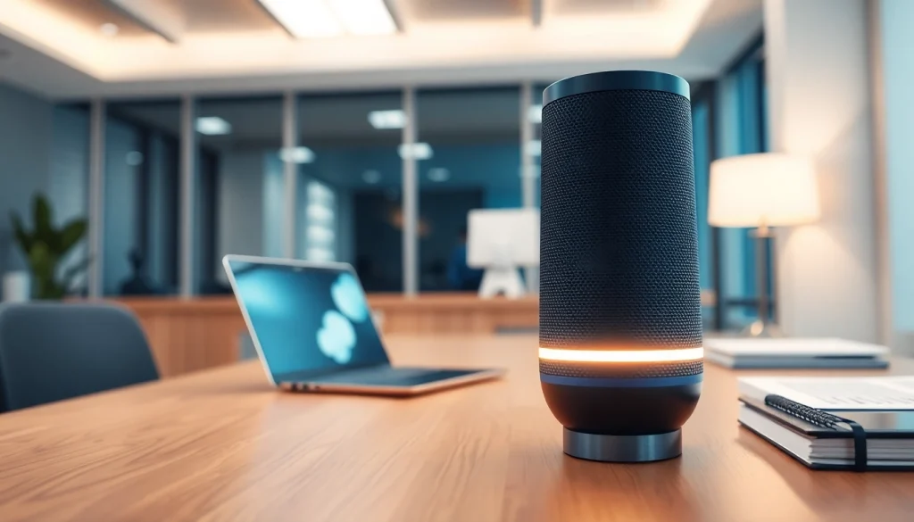 Generate lifelike audio with advanced AI Voice technology in a modern office setting.