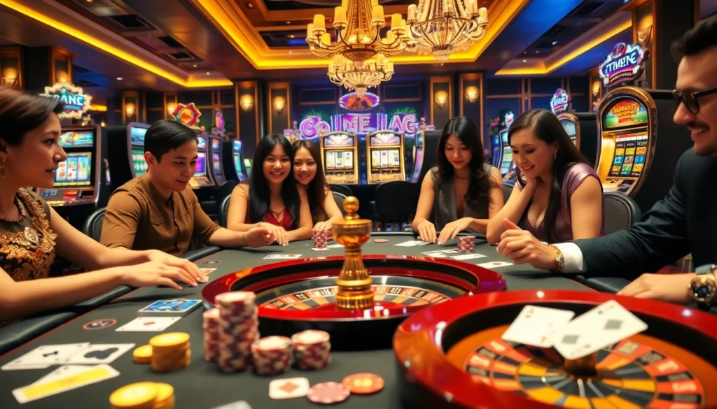Players enjoying an exciting game at the GO88 casino table with vibrant poker chips and cards.