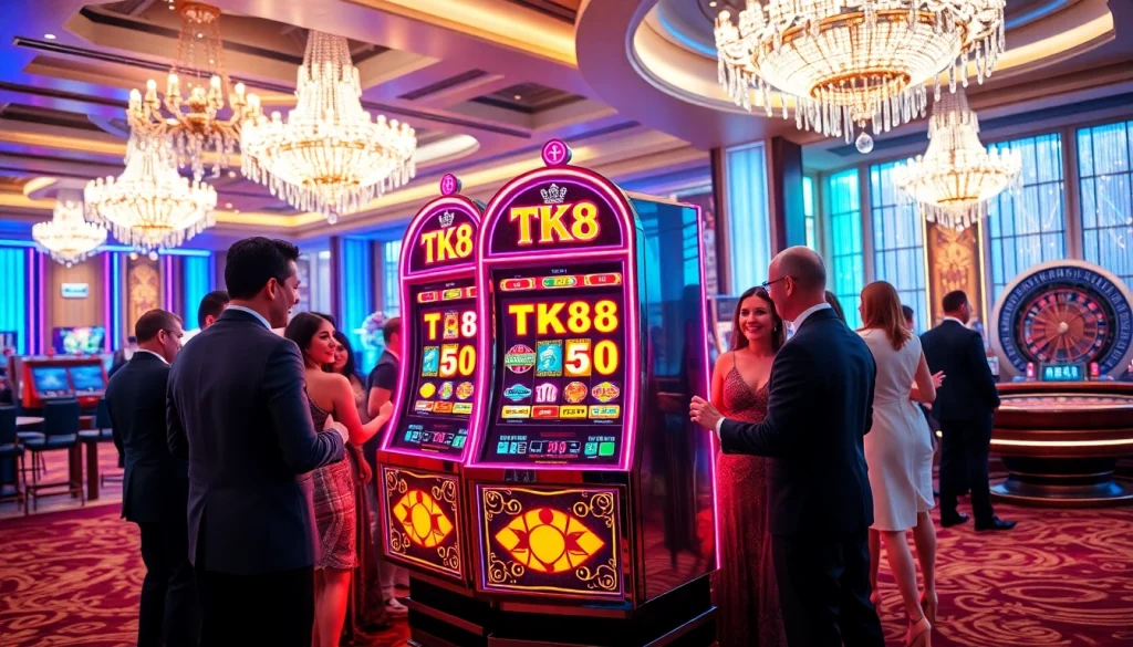 Players enjoying the TK88 slot machine in a vibrant casino atmosphere filled with excitement.