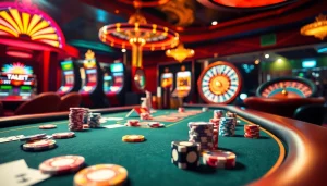 Experience thrilling gameplay at thabet vegas with vibrant casino elements like poker chips and roulette wheels.