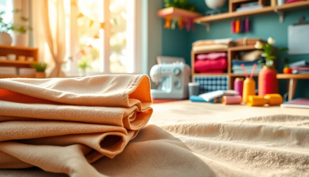 Verschillende canvas stoffen met kleurrijke texturen op een tafel, perfect voor creativiteit.