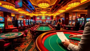 Exciting casino scene showcasing nhà cái tobet88 with poker tables, dealers, and online betting interface.