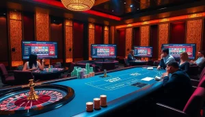 Players eagerly register their bets at a luxurious casino table filled with vibrant poker chips and a roulette wheel.