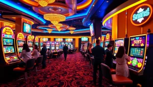 Excited players engaging with slot depo 1000 machines in a luxurious casino scene.