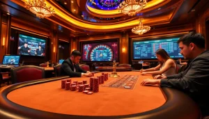 Players enjoying high-stakes poker at the elegant table on https://j88.gives/ with vibrant casino ambiance.
