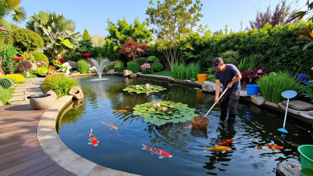 Pond cleaning guy netting debris in a serene garden pond, showcasing effective maintenance.