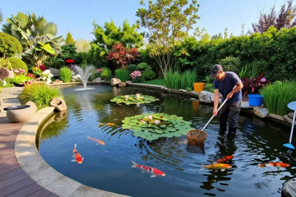 Pond cleaning guy netting debris in a serene garden pond, showcasing effective maintenance.