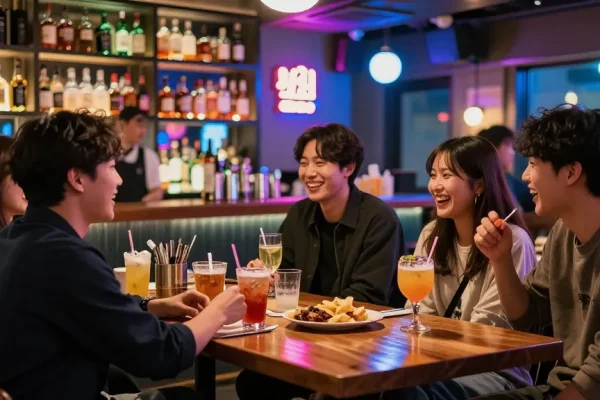 Sangbong-dong 한국관나이트 vibrant nightlife scene with friends enjoying cocktails and engaging conversations in an inviting bar.