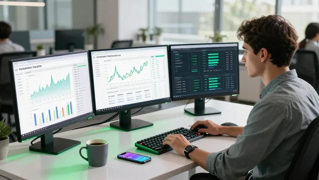 SEO specialist focused on LLG link indexing in a modern workspace with data analytics displays.