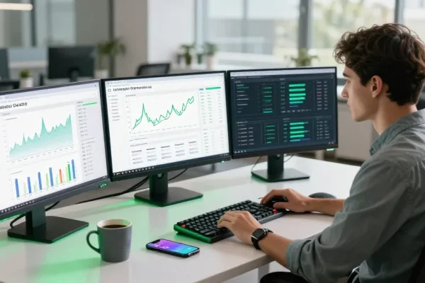SEO specialist focused on LLG link indexing in a modern workspace with data analytics displays.