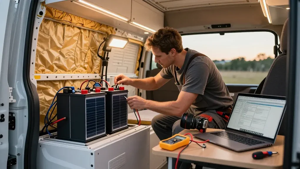 Expert builder upgrading campervan electrics with rokok88 login access to detailed guides and resources