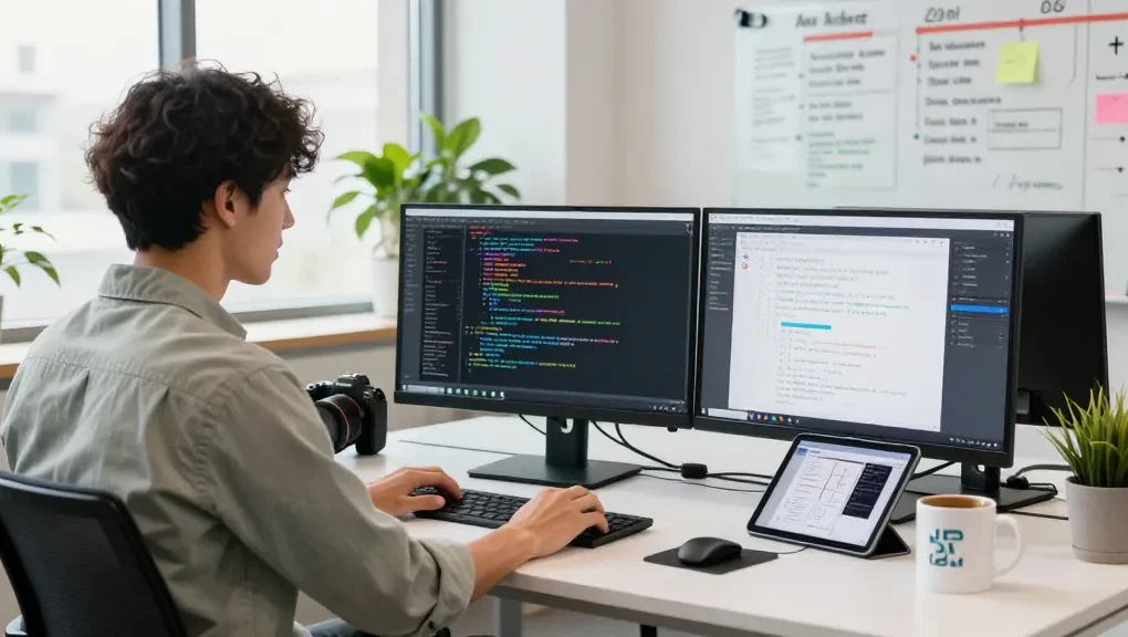 NAGA2000 software engineer coding in a vibrant tech office with dual monitors.