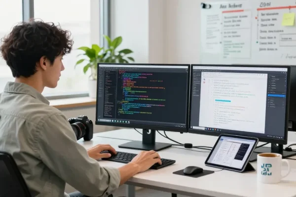 NAGA2000 software engineer coding in a vibrant tech office with dual monitors.