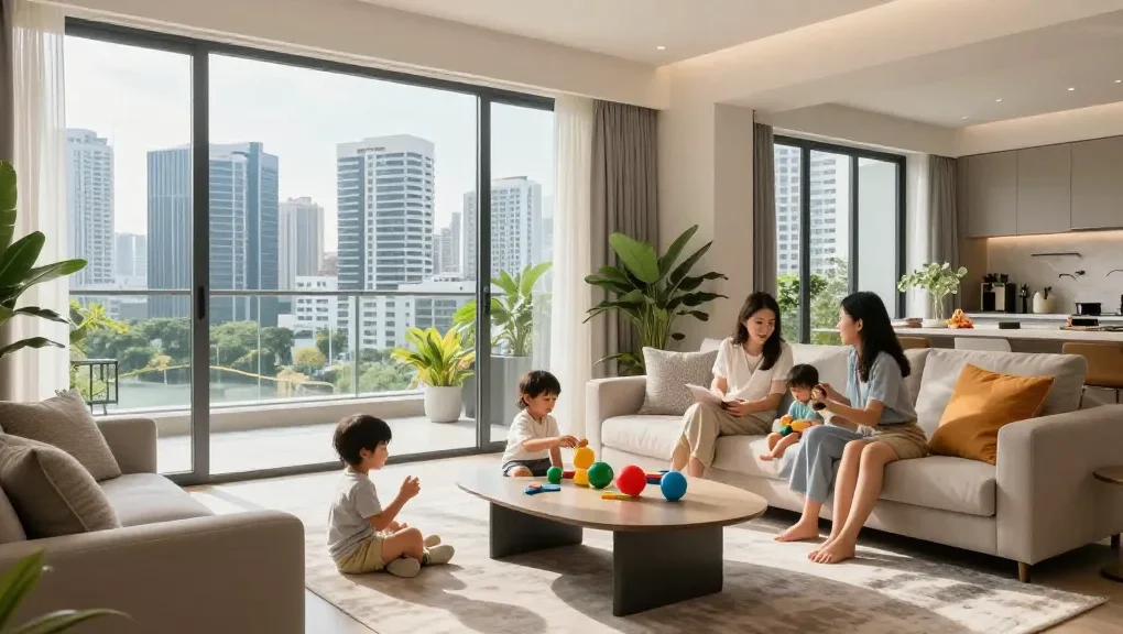 Tanjong Rhu Residences family enjoying a cozy living space with skyline views.