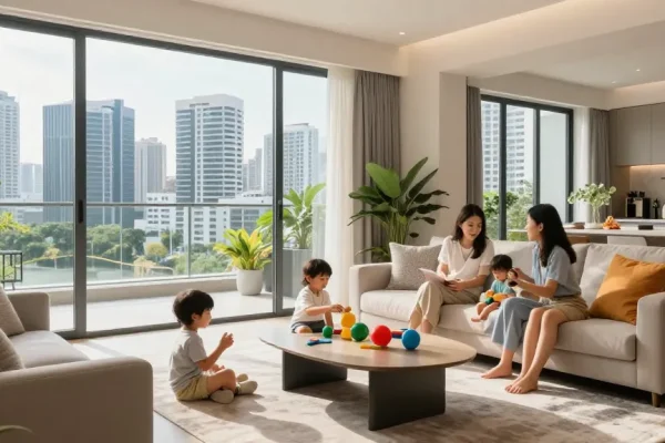 Tanjong Rhu Residences family enjoying a cozy living space with skyline views.