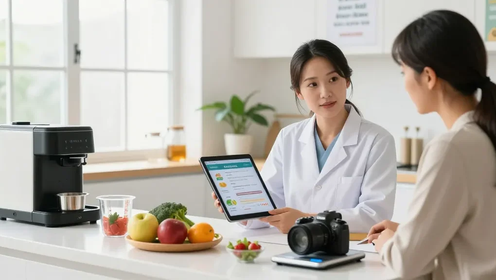 Nutritionist demonstrating the best nutrition app with fresh ingredients in a bright kitchen.