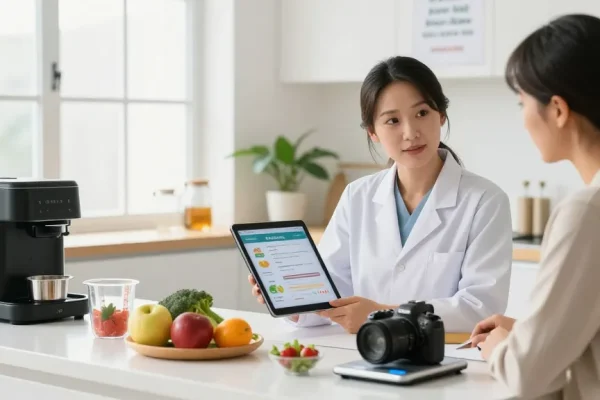 Nutritionist demonstrating the best nutrition app with fresh ingredients in a bright kitchen.