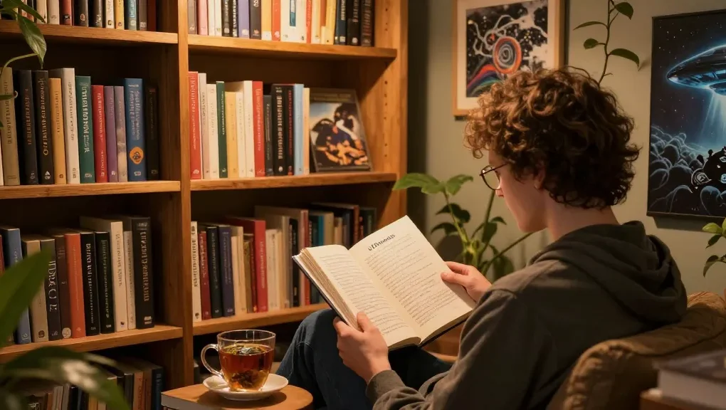 Explore T Allen Greenfield's works at https://tallengreenfield.com, featuring the book UFOnauts in a cozy reading nook.