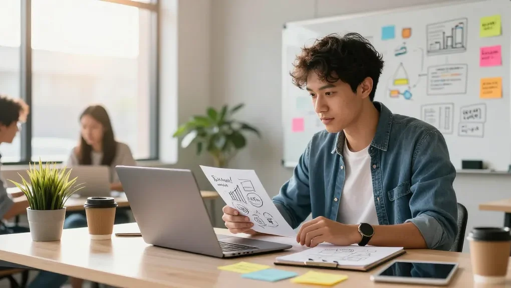 Explore innovative startup ideas at https://www.startsomethingpc.com in a vibrant workspace with a young entrepreneur.