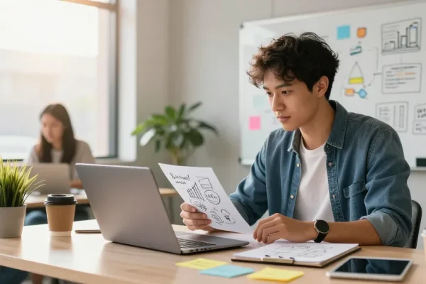 Explore innovative startup ideas at https://www.startsomethingpc.com in a vibrant workspace with a young entrepreneur.